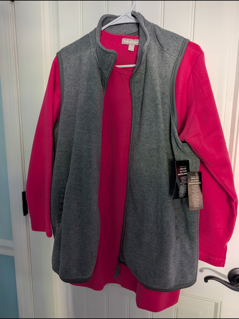 Woman Within Gray Fleece Vest with Pink Layering Top